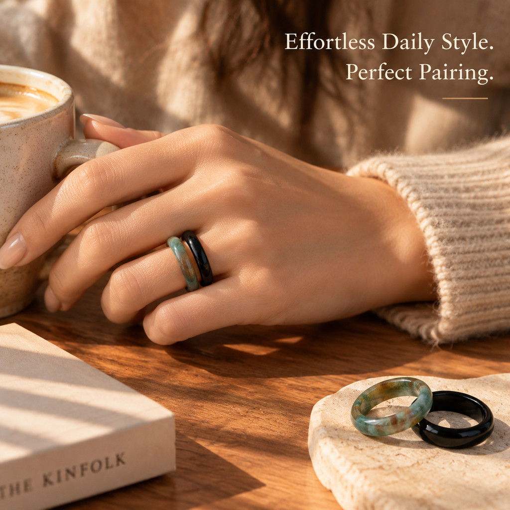 2pc Black Obsidian Band Ring Set, Minimalist Gift for Her